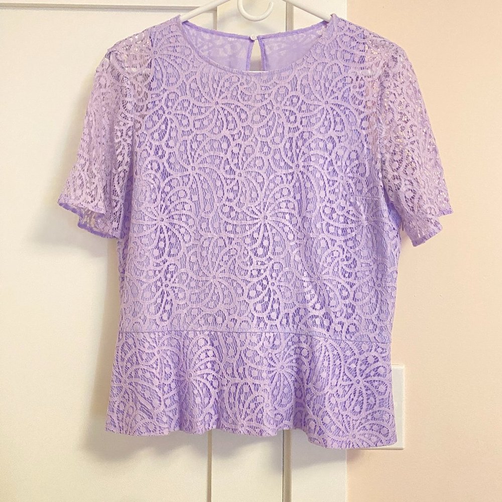 Club Monaco Crew Neck Short Sleeve Lace Blouse Lavender Peplum Size M